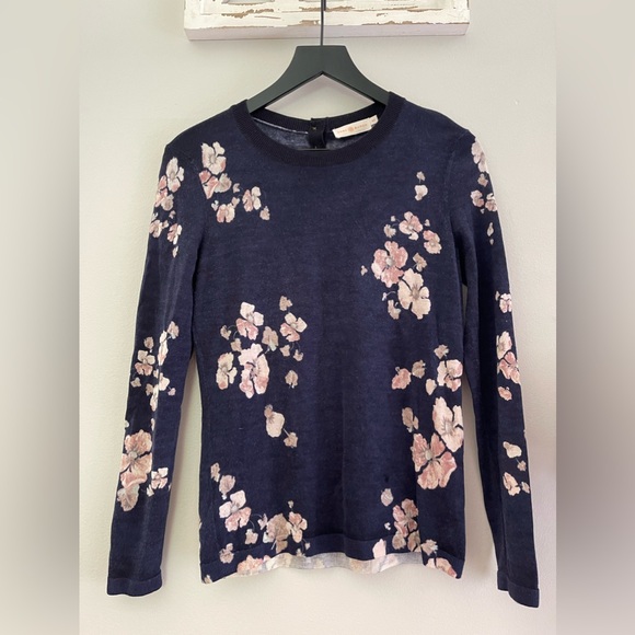 Tory Burch Floral 100% Merino Wool Sweater/Blouse In Navy Blue Size S - Picture 6 of 10